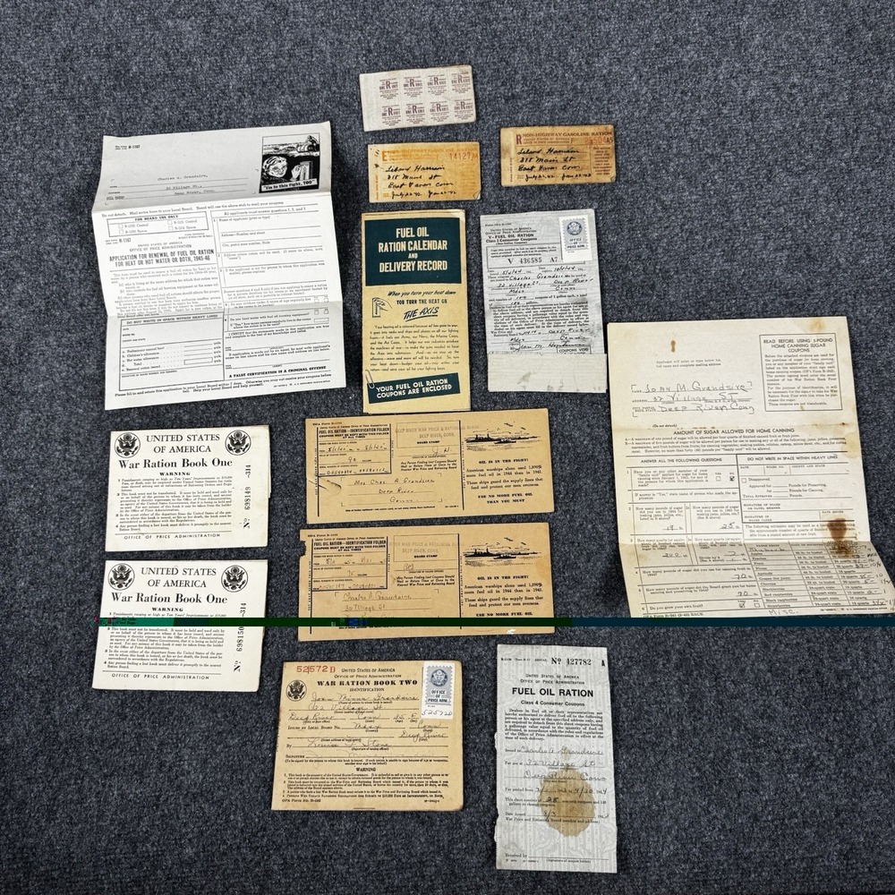 WWII US War Ration Book Lot Fuel Oil Gas Sugar Stamps Deep River Paper Lot WW2